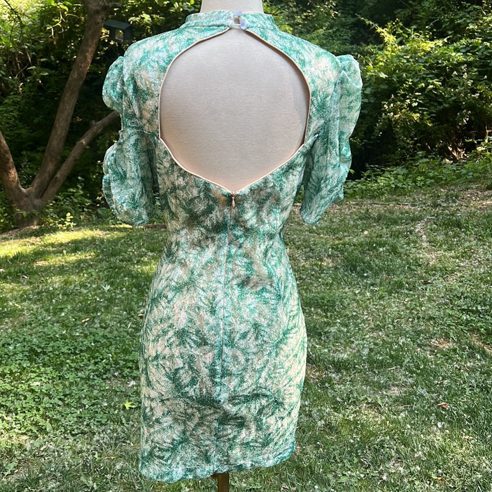 cocktail dress size 12 Badgley Mischka white green Sequin Palm Puff Sleeve - Picture 12 of 13